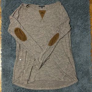 Brown long-sleeve tee with elbow patch and buttons